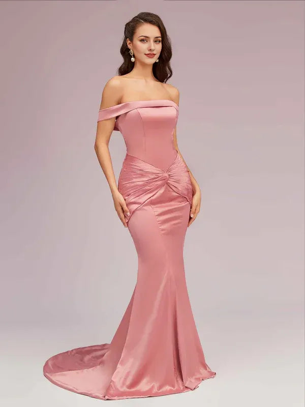 Robe de soirée longue en satin plissé, style sirène, épaules dénudées, sexy, avec traîne